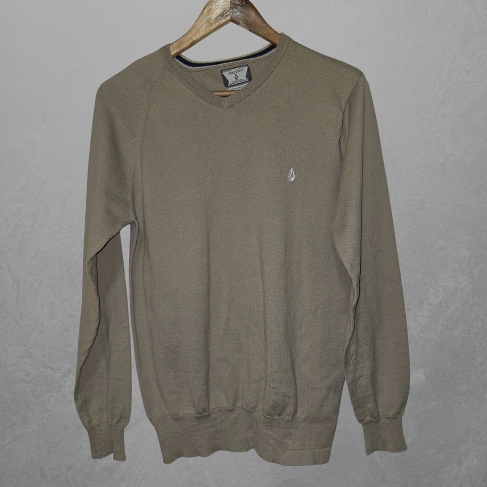 Volcom Mens Small Tan V-Neck Sweater Corpo Class A07313S0 Embroidered Logo Khaki - Picture 2 of 8